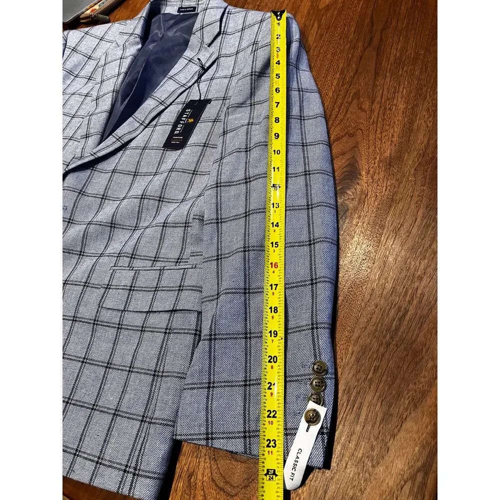 Stafford Signature Mens Sport Coat 46 Short Blue Windowpane Linen Blend NWT‎